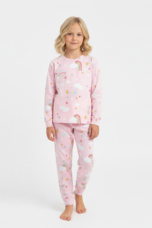 bunny hopp Gökkuşağı Desenli %100 Pamuklu Kız Çocuk Pijama Takımı - İnterlok Kumaş Takım