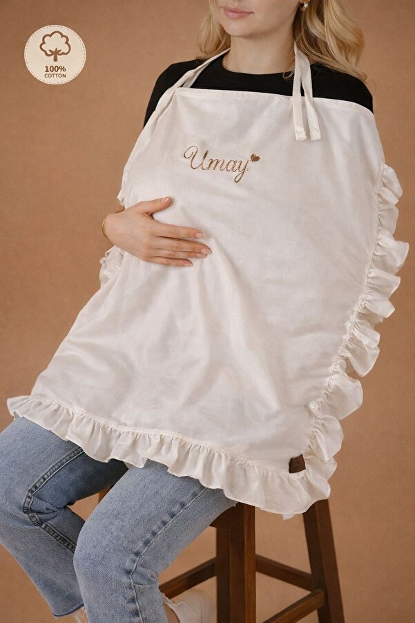 JUNİPERUS Kişiye Özel İsim Nakışlı Fırfırlı Keten Çok Amaçlı Emzirme Örtüsü Puset Örtüsü Oeko-tex Sertifikalı