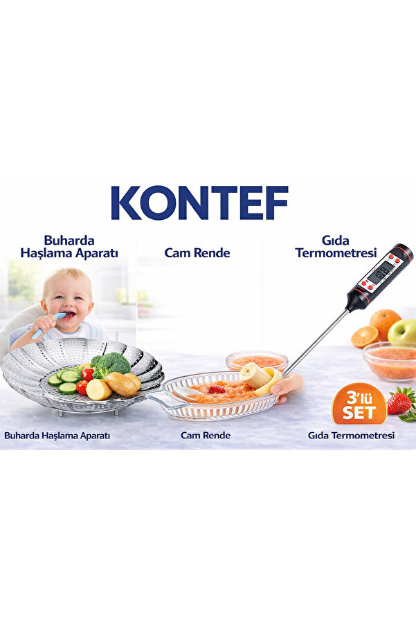 KONTEF 3Lü Set Bebekler İçin Ek Gıda Haşlama Aparatı Cam Rende Ve Gıda Termometresi
