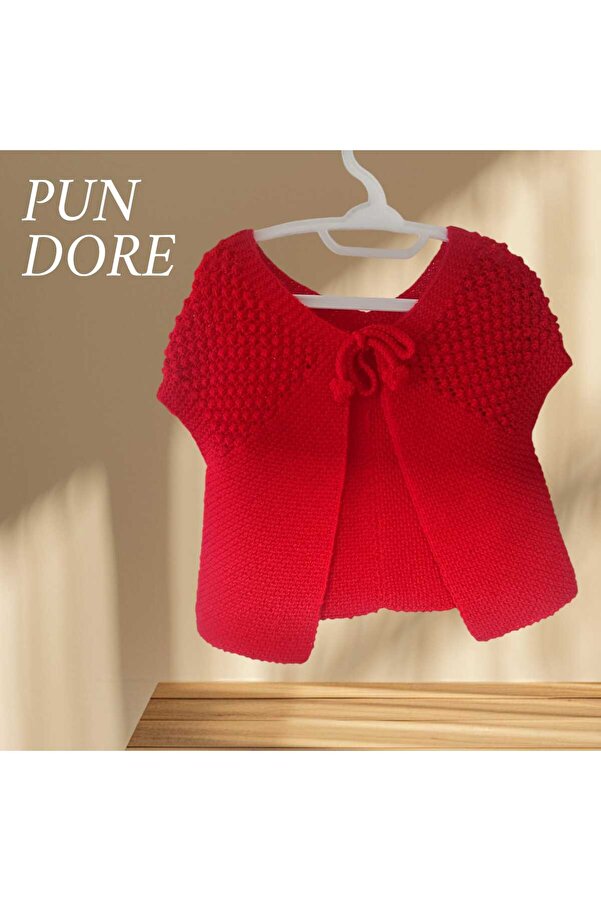 pun dore Kırmızı Bağlamalı El Örgüsü Kız Çocuk Bolero (0–24 Ay)