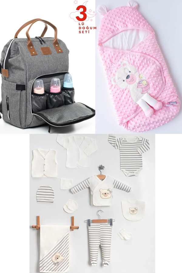 Pimadyo 3'lü Set (Bebek Bakım Çantası,10'lu Hastane Çıkışı,Kundak)