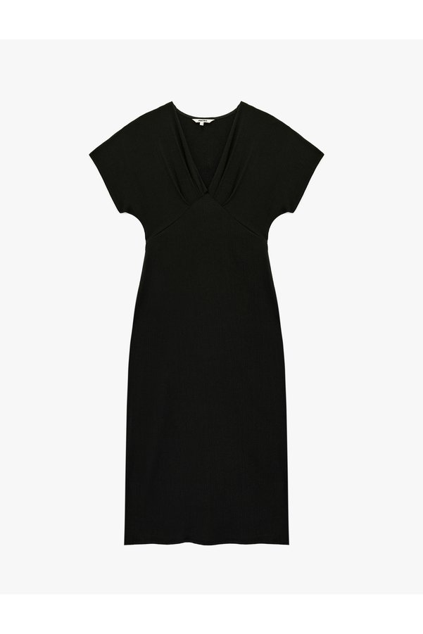 Koton Women'S Black V-Neck Midi Dress
