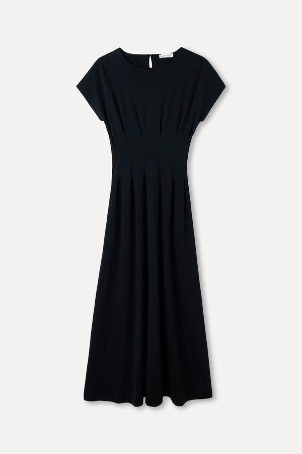 Mudo Women's Black Stitching Detailed Straight Cut Short Sleeve Midi Dress