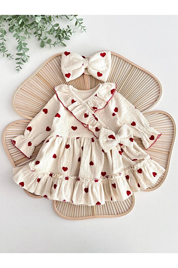 Jammybaby Amore Elbise Kalp Desenli Kroşeli %100 Pamuk Elbise ve Bandanalı Kız Bebek Takım