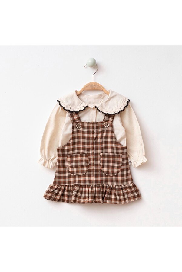MODA Kız Bebek Bebe Yaka Gömlek Ekose Elbise 2'li Takım