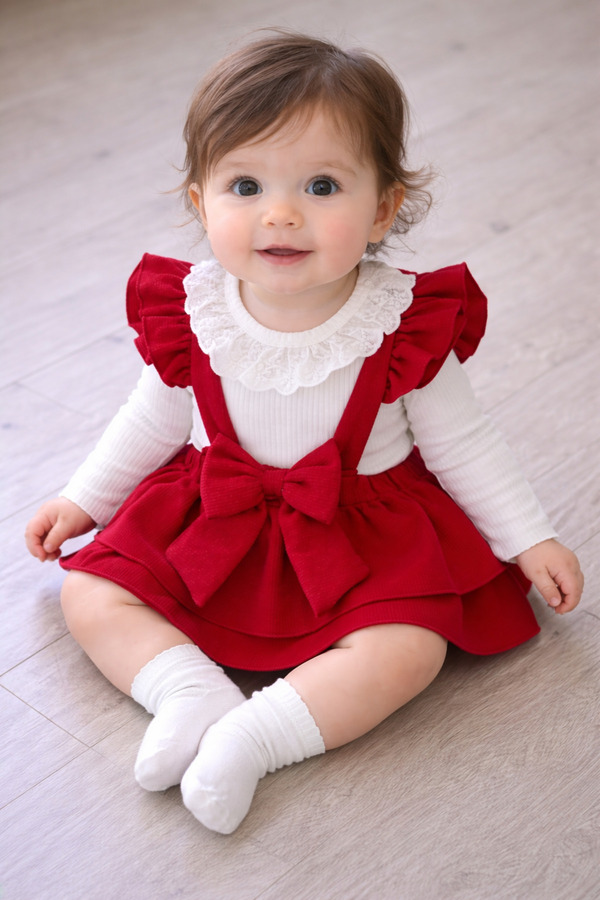 AKİ MODA KİDS Waffle kumaş badili kız bebek etek elbise 2li set