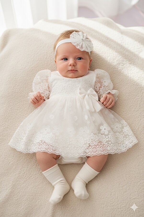 Miniday Baby Kız Bebek Mevlütlük Yazlık Elbise Bandanalı Dantelli Yeni doğan Hastane çıkışı Gelinlik Abiye 13