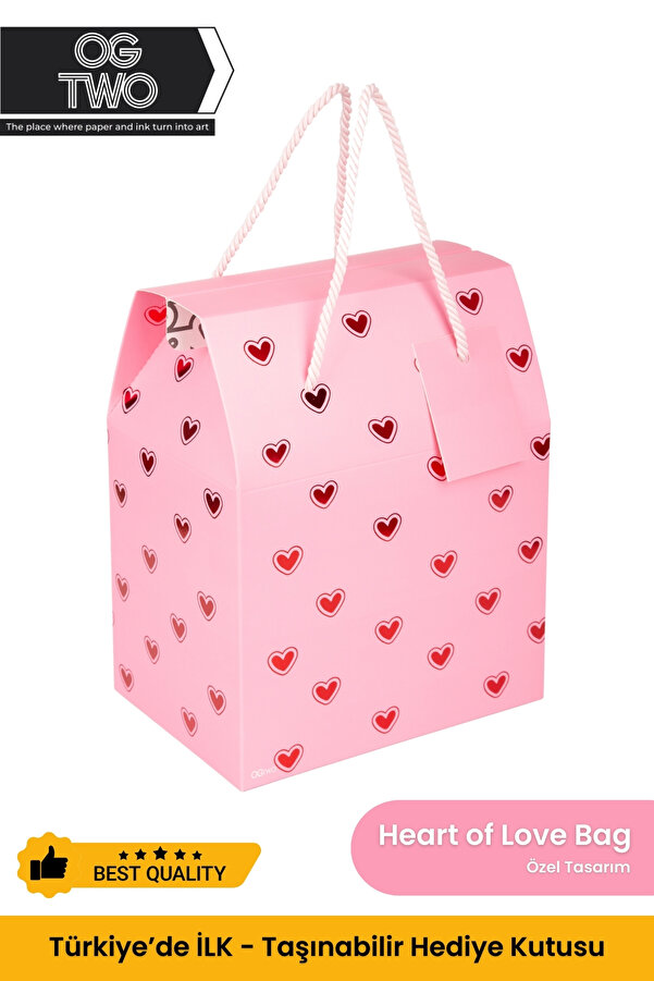 OGTWO Premium Konsept Tasarım Hediye Kutusu Sevgiliye Hediye Paketi Hediyelik Pembe Kalpli - 24x14x20cm