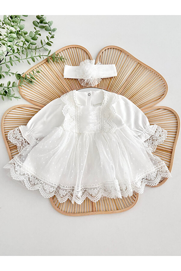 Jammybaby Carmen Elbise %100 Pamuk Penye Tül Dantelli Yenidoğan Kız Bebek Mevlüt ve Özel Gün Bandanalı Takım