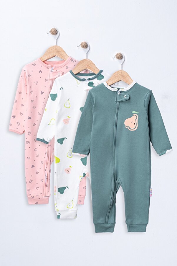 Mıdırık Unisex Erkek Bebek Kız Bebek %100 Pamuklu 9- 18 Ay Fermuarlı 3'lü Armut Desenli Manşetli Tulum Seti