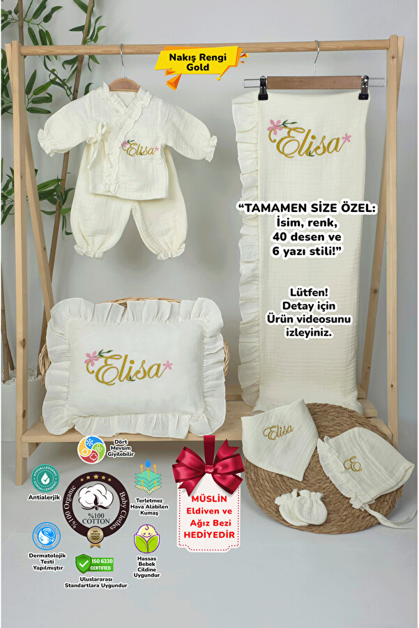 gros shop Yeni Doğan %100 Pamuk Müslin Hastane Çıkış Mevlüt Seti-Takı Yastık(Kişiye Özgü İsimli Nakış Desenli)