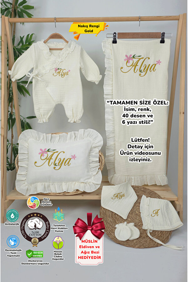 gros shop Yeni Doğan %100 Pamuk Müslin Hastane Çıkış Mevlüt Seti-Takı Yastık(Kişiye Özgü İsimli Nakış Desenli)