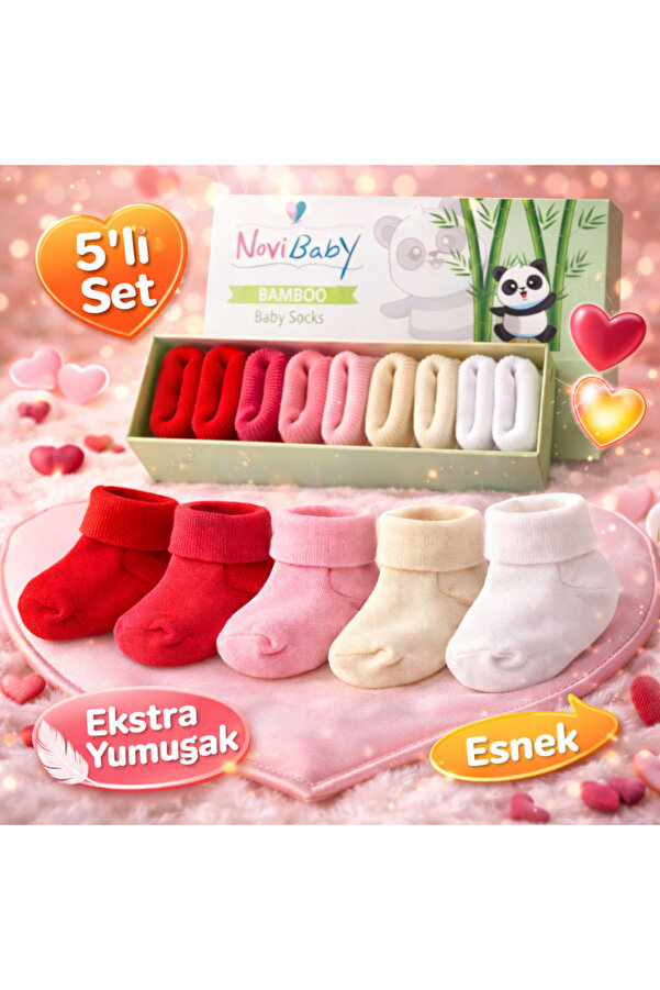 Novibaby 5'li Bambu Yenidoğan Bebek Çorap I Love I Kız Erkek Bebek Çorabı