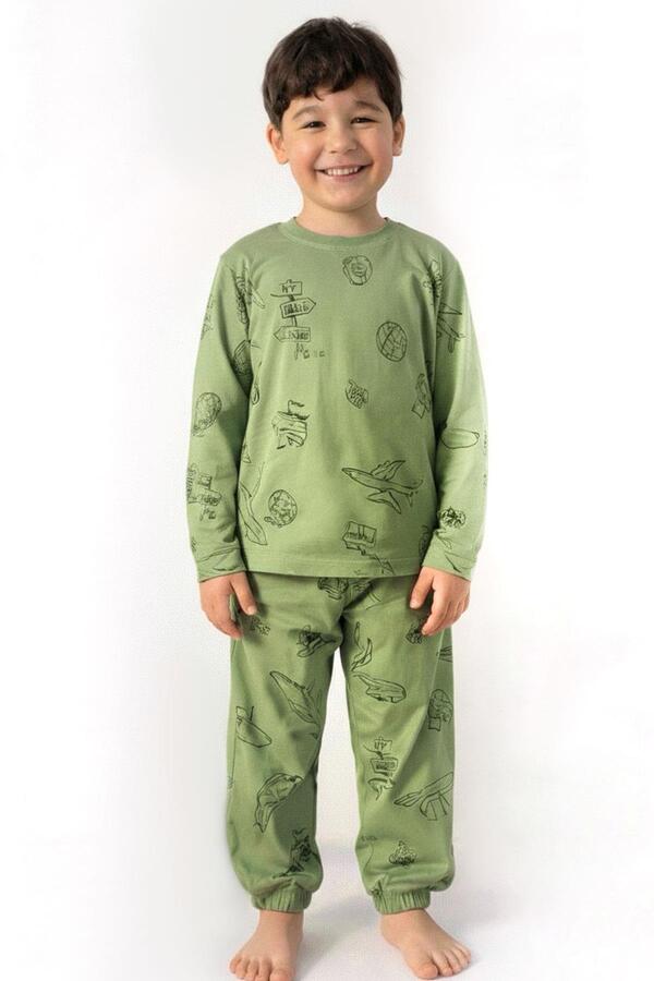 Breeze Erkek Çocuk Pijama Takımı Seyahat Temalı Dünya Gezgini 4-8 Yaş, Haki Yeşil