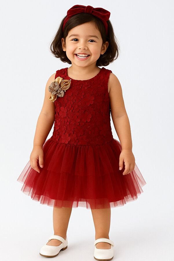 Mika Bebek Çiçek Işlemeli Kız Çocuk Bordo Jile Tül Abiye