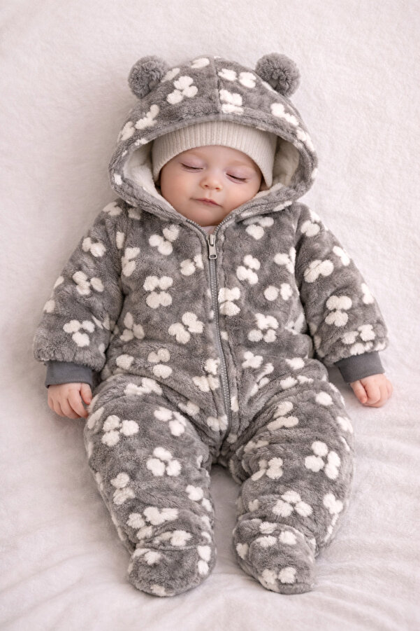 Dandini Kelebek Desenli Kapişonlu Polar Bebe Tulumu