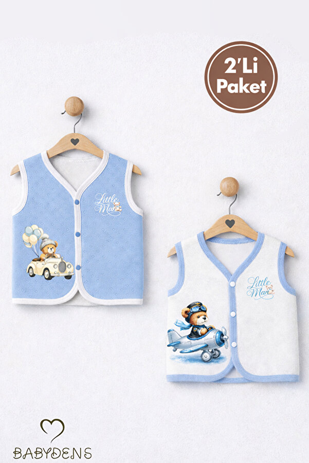 BABYDEN'S 2’li Erkek Bebek Yelek Pamuklu Jakarlı Çıtçıtlı Bebek Yeleği Ayıcık Baskılı Bebek Yelek Seti 0-9 Ay
