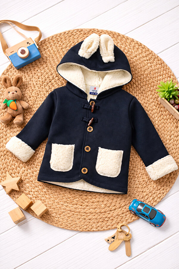 Babexi Peluş Astarlı Lacivert Kapüşonlu Bebek Hırkası – Kışlık Unisex
