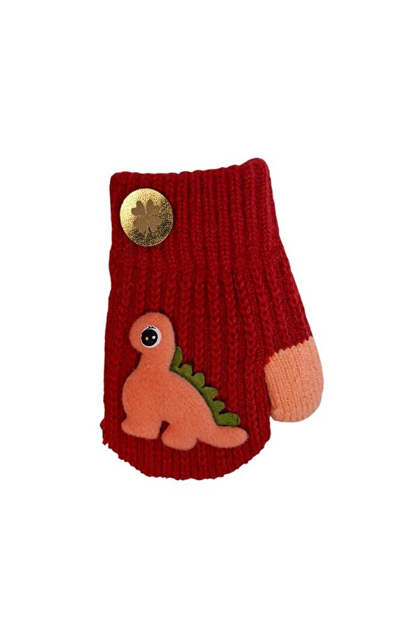 Kitti Spteks 1-3 Yaş Kız Bebe Çocuk Kırmızı Renk Sevimli Dinozor Figürlü Kışlık Örme Eldiven