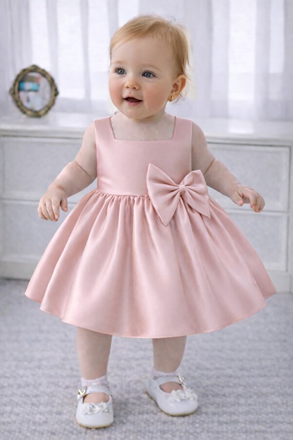 SUNEH Kız Bebek Pudra Pembe Kare Yaka ,Fiyonk Detaylı Doğum Günü , Party Elbise