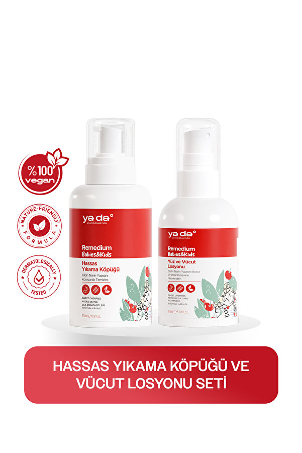 ya da multicosmetics Remedium Babies & Kids Hassas Banyo Köpüğü, Nemlendirici Saç ve Vücut Şampuanı & Losyonu Seti, Vegan