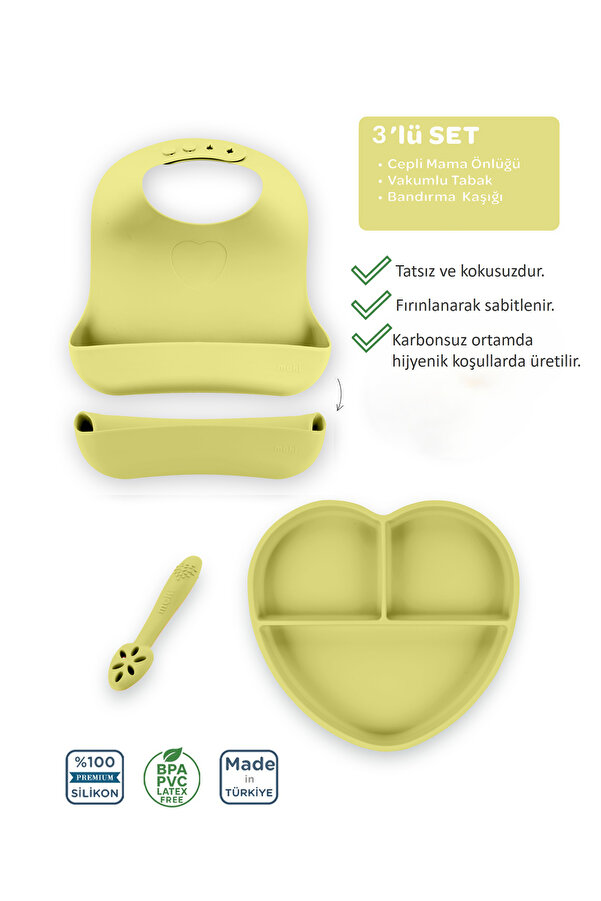 Moki Silikon Beslenme Seti 3'lü Pond Yeşil / Mama Tabağı, Mama Önlüğü, Bandırma Kaşığı