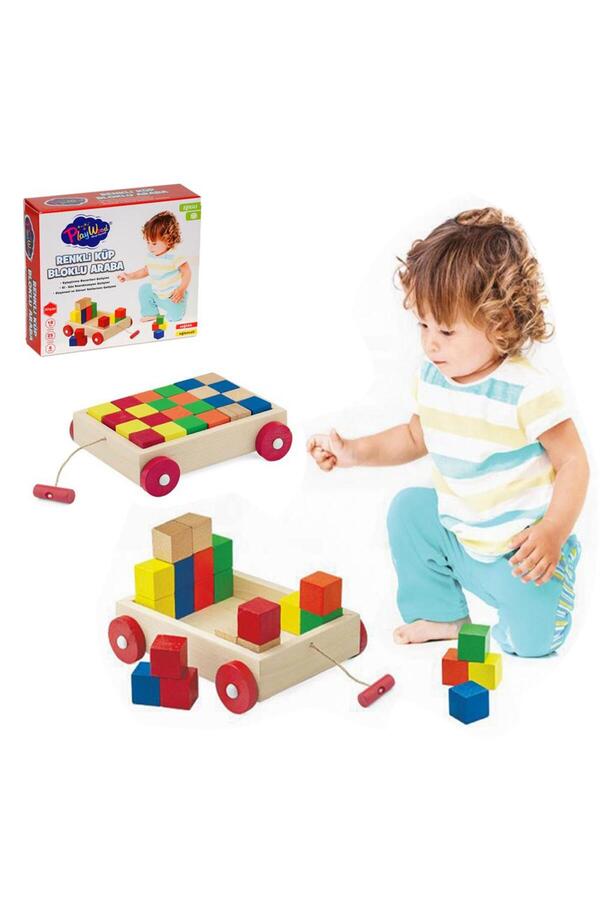 NW NessiWorld Renkli Küp Bloklu Kutulu Ahşap Çekçek Araba