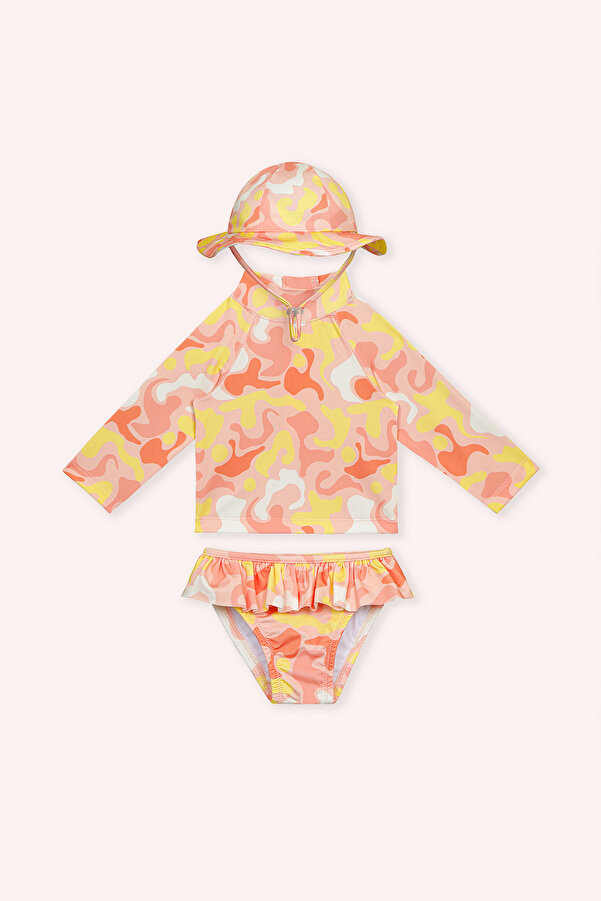 Panço Sand Mother Kız Bebek Desenli Fermuarlı 3 Parça Turuncu Plaj Seti