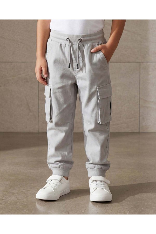 REDTAG Boys Grey Rib Waist Cargo Pocket Twill Joggers