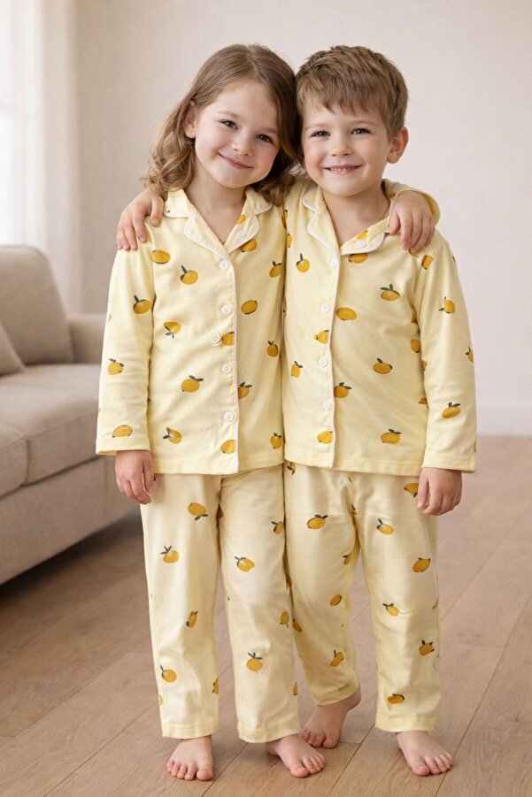 byalisdmr UNİSEX ÇOCUK PİJAMA TAKIMI YAZLIK %100 PAMUK MİLAN KUMAŞ LİMON DESEN BİYE DETAY GÖMLEK YAKA