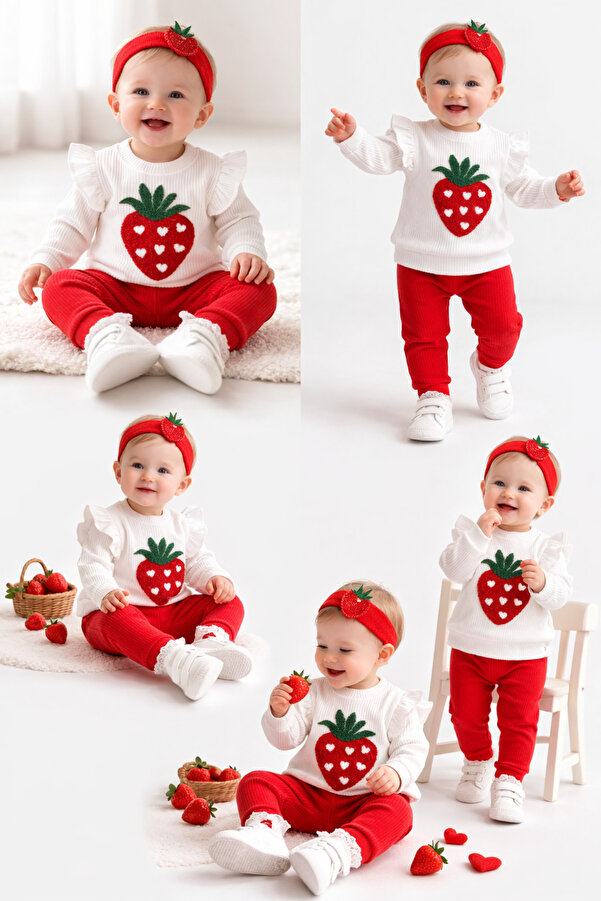 mini kanka Kız Bebek Çilek Desenli Alt Üst Takım Pamuklu Uzun Kollu Bluz&Pantolon Saç Bantlı 3’lü Set 0-24 AY