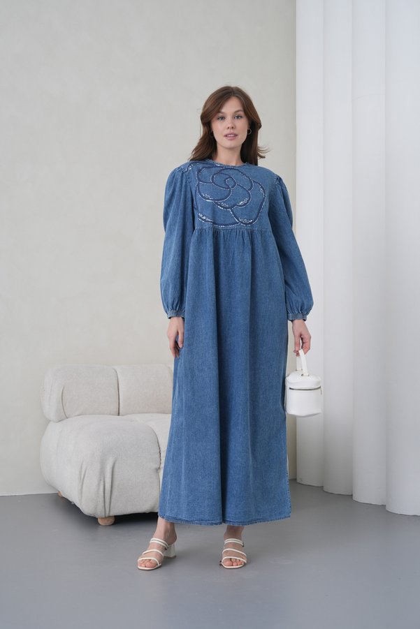 Miss Allos Women's Roba Front Sequin Embroidered Long Denim Dress