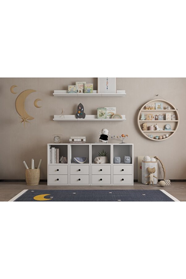 nettrends.net the new trend of shopping Montessori Stil Alçak Çocuk Dolabı - Beyaz Çekmeceli Oyuncak ve Kitap Rafı NRG-ÇO-D-1008
