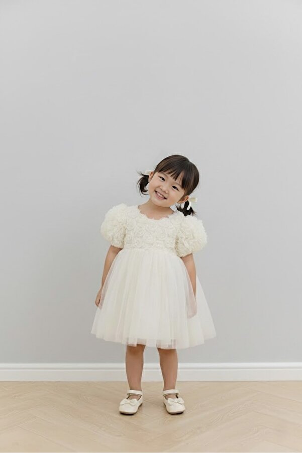 FURYATEX Kız Çocuk Çiçekli Tül Prenses Elbise – 3D Gül Aplikeli Doğum Günü Özel Gün Parti Elbisesi