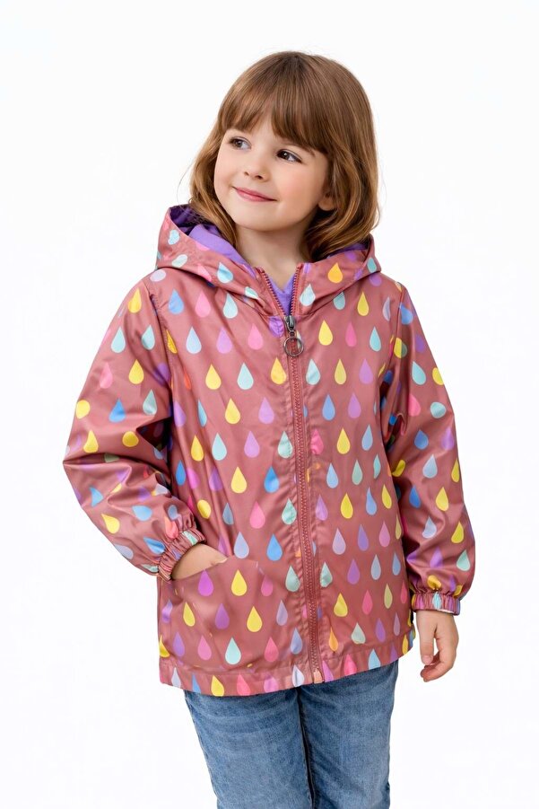 gültekin bebe Asya Kids Damla Desenli Kız Yağmurluk 3-7 Yaş-5560400 - GÜL KURUSU