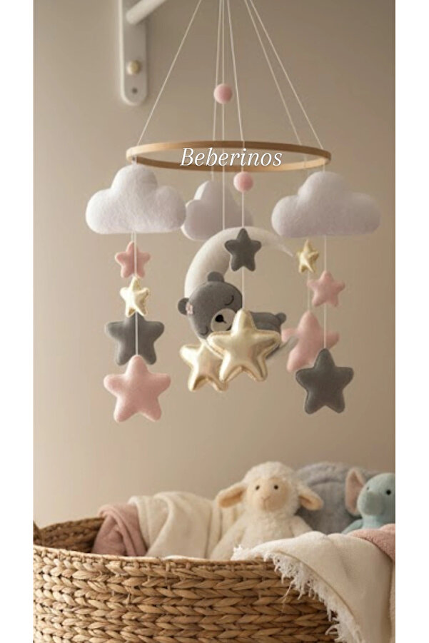 beberinos Müzikli Pembe Gri Ayıcık Bebek / Çocuk %100 El Yapımı Bebek Beşik Süsü Dönence