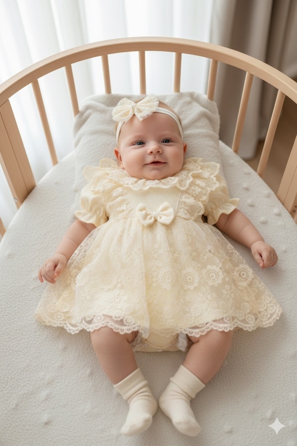 Miniday Baby Kız Bebek Mevlütlük Elbise Yazlık Bandanalı Dantelli Yeni doğan Hastane çıkışı Gelinlik Abiye 4012