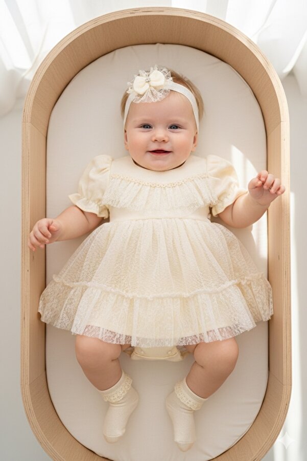 Miniday Baby Kız Bebek Mevlütlük Elbise Yazlık Bandanalı Dantelli Yeni doğan Hastane çıkışı Gelinlik Abiye 4015