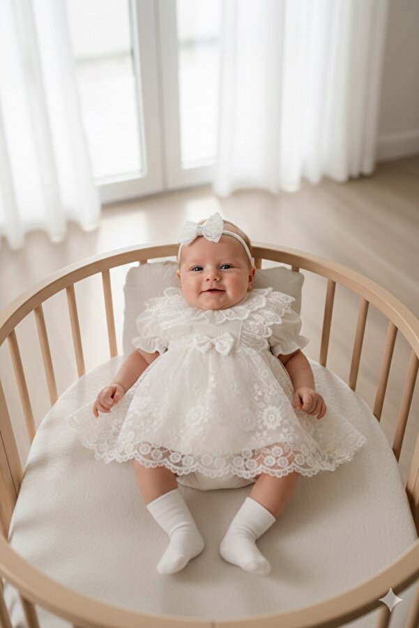 Miniday Baby Kız Bebek Mevlütlük Elbise Yazlık Bandanalı Dantelli Yeni doğan Hastane çıkışı Gelinlik Abiye 4012