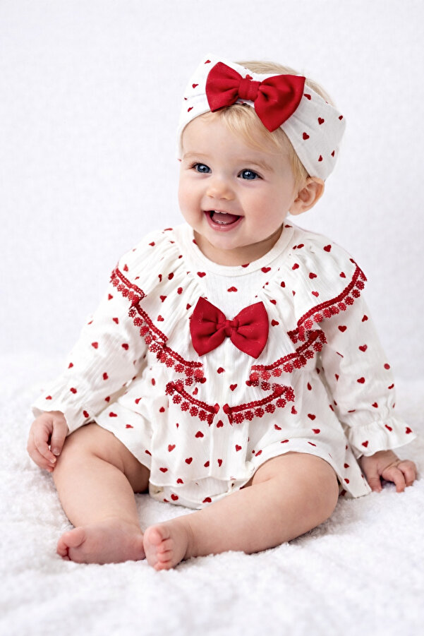 VERONA TARZ Kalpli Kız Bebek Saç Bantlı Romper Salopet Takımı 2 Parça 2li Yenidoğan Kıyafeti