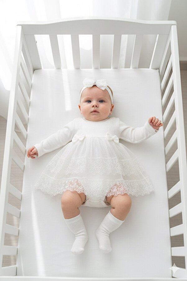 Miniday Baby Kız Bebek Mevlütlük Body Elbise Bandanalı Dantelli Yeni doğan Hastane çıkışı Gelinlik Abiye 6010