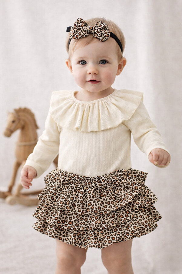 Mini Kids Baby Kız Bebek Yakası Fırfırlı Uzun Kolu Body Leopar Desenli Şort Etek Bandana Takım