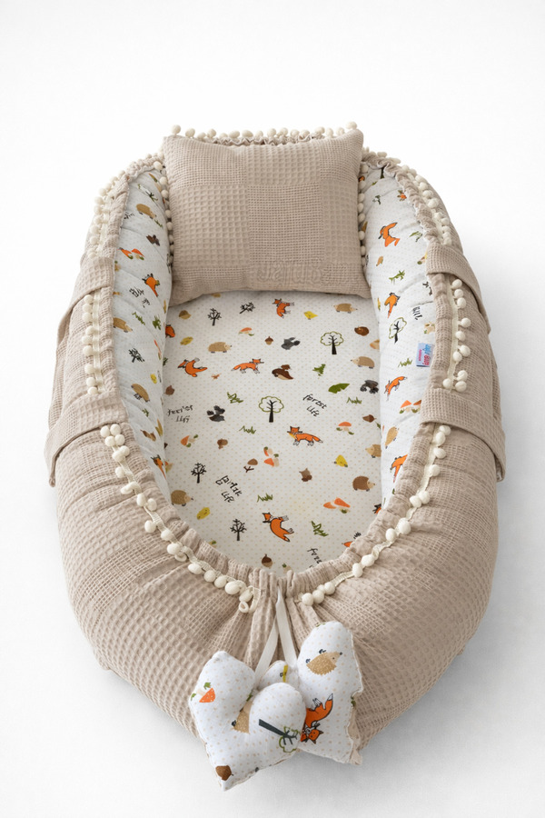 Jaju Baby Babynest Pike Ve Müslin Kumaş Tilki Tasarım Organik Pamuk Kumaş Ponponlu Nest