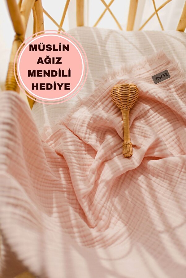 ZEYPBA % 100 Pamuk 4 Katlı Müslin Örtü Pudra 110x110 cm (Bebek & Çocuk İçin) Püsküllü