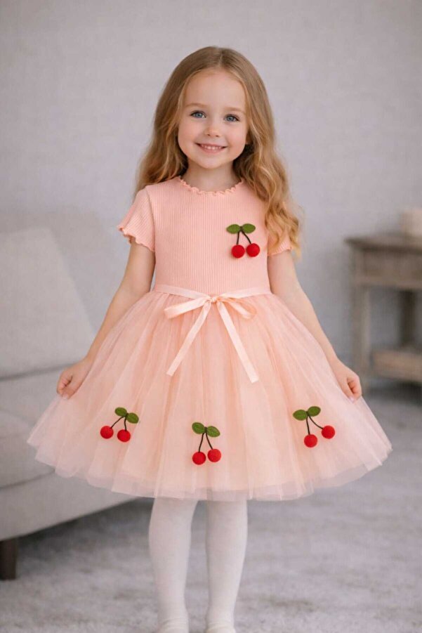 Şirin Şeyler Butiği Lulu Cherry Kısa Kol Kız Bebek Çocuk Kirazlı Kabarık Tütü Elbise Prenses Esnek Likralı Somon