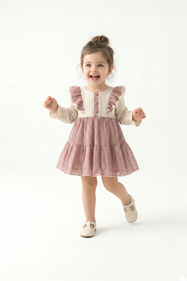 Baby Animals Kız Bebek Elbise Kız Çocuk Elbise Güllü Doğum Günü Parti Düğün Özel Gün Uzun Kol Astarlı Fiyonklu