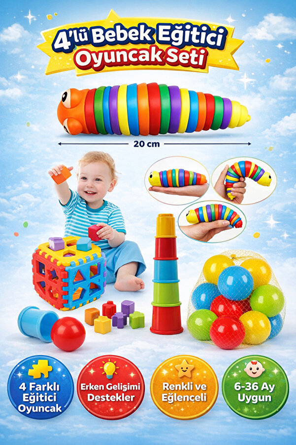 YILDIRIM OYUNCAK Esnek Sök Tak Tırtıl 20 cm File Bultak 9 parça Sevimli Kule 6 Parça 10lu Havuz Topu Toplam 26 Parça