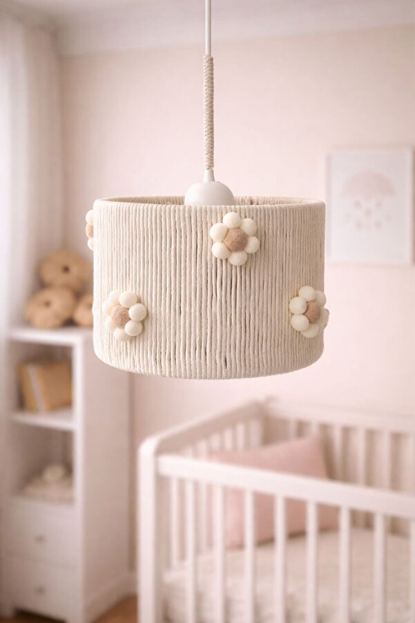 C&A Silindir Makrome Ekru Ip Sargılı Ponpon Çiçekli Genç Odası Bebek Çocuk Odası Tasarım Sarkıt Avize