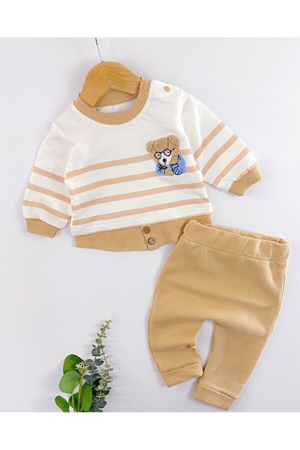 voyyo kids baby Erkek Bebek Mevsimlik Takımı Ayıcık Nakışlı Uzun Kollu Bisiklet Yaka Çizgili Sahte Gömlekli Takım