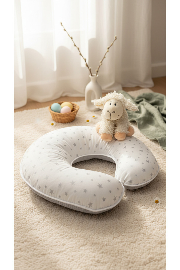 Babynest Emzirme Yastığı Ve Destek Minderi Gri Yıldız Ve Pikeli Model (BEYAZ BİYELİ)